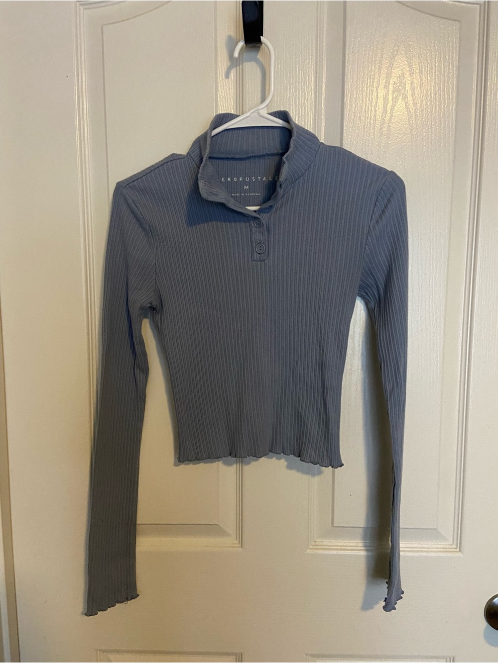 Aeropostale Ribbed Long-Sleeve Henley Top - Slate Blue